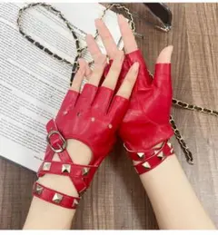 レザーグローブ　半指グローブ　PU革グローブ　手袋 レッド 指無し　赤