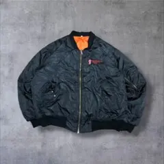 【一点物】MA-1フライトジャケット企業ロゴ刺繍ビッグシルエットLブラック黒古着