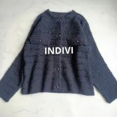 【美品】INDIVI ツイードMIXクルーカーディガン ネイビー 38 銀ボタン