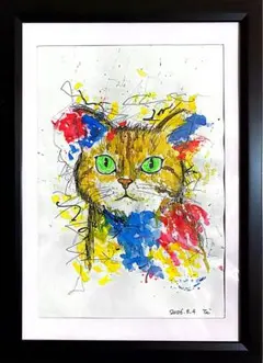 【茶トラ猫の肖像】猫のドローイング水彩イラスト　インテリア絵画ハンドメイドアート