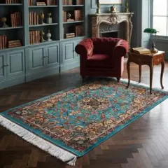 最高峰 270万ノット クム産 ペルシャ絨毯 シルク60×90 ターコイズ
