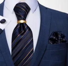 【4点セット】ネクタイストライプ結婚式リング入学式卒業式ネイビーブルー金ゴールド