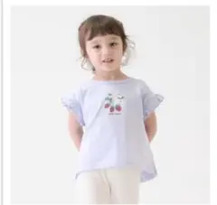 【美品】petit main(80) いちご刺繍 フリル袖 Tシャツ