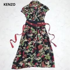 KENZO　シルクラップワンピース　総柄　ブラック　40のサムネイル