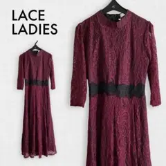 新品✨レースレディース ロングワンピース 五分袖 レッド ボルドー ドレス L