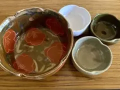椿柄鉢と小鉢 4点セット 陶器