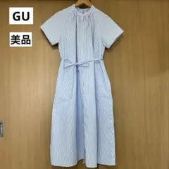 [GU] ストライプ　バンドカラー　シャツワンピース半袖レディースM ジーユー