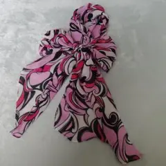 ピンクと黒のシフォンリボンスカーフ　約170センチ タグなし