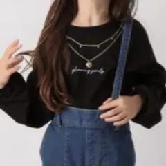 ネックレス　スパンコール　ビーズ付き　ロンT 長袖　黒　　ヘビロッtee