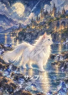 【一作限り】月夜の宝石海岸と白猫 E458 猫 幻想アート 月 城 クリスタル