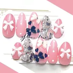 【現品サイズ】ネイルチップ ワンホンネイル フレンチガーリー 埋めつくし リボン