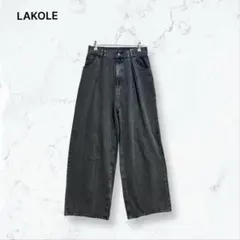 r054 ラコレ デニム 黒 M ワイド タック アダストリア 無地 金具 春夏のサムネイル