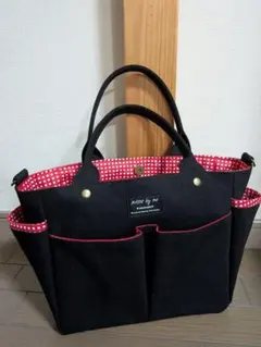 黒デニム◆赤チェック◆ポケット沢山付きトートバッグ◆ハンドメイド◆