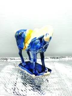 美品】馬 置物 陶器 青 藍釉 唐三彩風 中国美術 縁起物 オブジェ インテリア