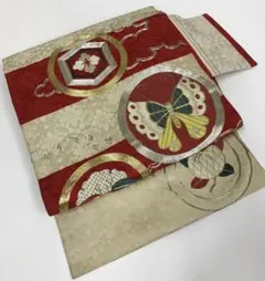 アンティーク　刺繍の名古屋帯　蝶々　丸に花紋様　レトロ　リメイク　材料