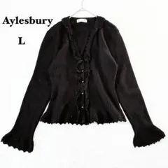 アリスバーリー ウール混 カーディガン フリル Vネック リブ L ニット 黒