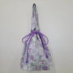 No.876 ハンドメイド　巾着バッグ　着物　浴衣　　パープル　薄い紫色　花柄