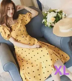 新品タグ付　２wayフレアワンピース　パフスリーブ　オフショル　イエロー　ドット