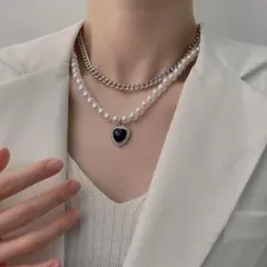 ブラック　ハート　パール　ネックレス　チェーン　レイヤード　韓国　量産型　地雷系