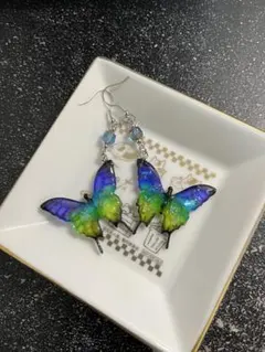 蝶 ピアス B 青緑 イヤリング ブルー グリーン チョウ ストラップ