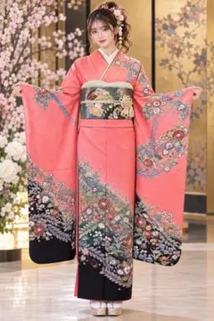 2点セット 振袖 辻ヶ花 コーラルピンク 正絹 六通柄袋帯 唐織 花鳥丸文
