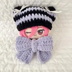ちびぐるみ ぬい服 パープルボーダー 猫耳ニット帽 リボンセット y2k
