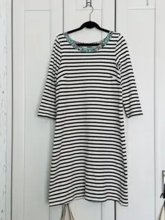 NIMESニーム　ボーダー七分袖ひざ丈ワンピースチュニック　襟元リバティ　春