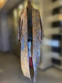 ロングガウンコート　着物リメイク　染大島　絹100% ストール　サッシュベルト