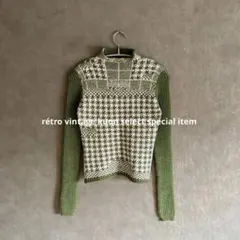 昭和レトロニット　クロップド丈ニット　春ニット　ヴィンテージコーデ　古着　みどり