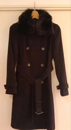 ダブルボタン　カシミヤ混ロングコート　フォックスファー　黒