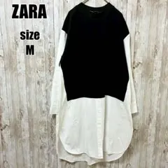 【ザラ】美品 清楚 上品 切替シャツワンピース 黒 白 M 映え 美シルエット