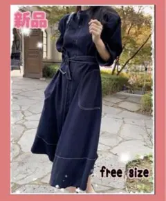 新作 ネイビー デニム　ワンピース フリーサイズ