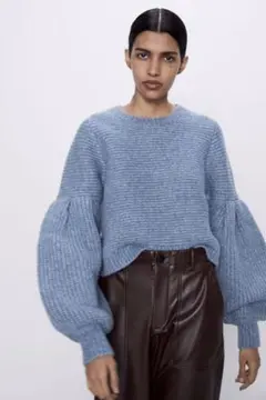 新品☆ZARA ザラ パフスリーブニットセーター トップス S BLUE