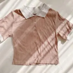リブ編み ピンク 半袖ポロシャツ