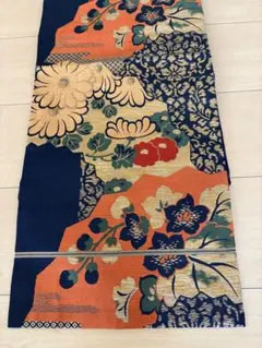 アンティーク帯 大正ロマン 昭和レトロ　金糸 橙×紺 草花文様 名古屋帯