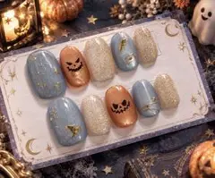 ショートオーバル　ハロウィンネイル　シンプル　マグネット　オレンジ　現品