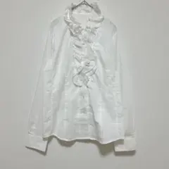 【美品】フリルブラウス ホワイト 上品 長袖 オフィス 通勤 フォーマル 13R