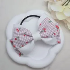 チェリー チェック リボン パープル 白 ヘアゴム ヘアクリップ キッズ ベビー
