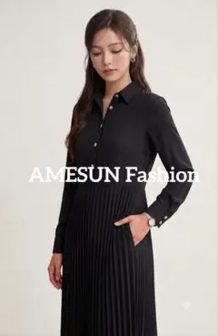 AMESUN Fashion 長袖 プリーツワンピース ブラックのサムネイル