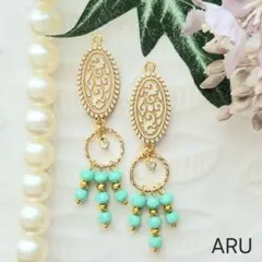 No.463★ミントグリーン☆ビジュー☆ゴールド☆リング☆ピアス☆イヤリング