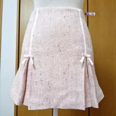 日本製！リボン付きプリーツ　ツイードピンク ウールミニスカート　クリーニング済