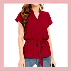 シャツブラウス 半袖 レディース Vネック フレンチスリーブ ワインレッド S