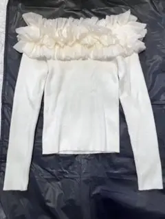 rienda チュールフリルオフショルニットトップス ホワイト