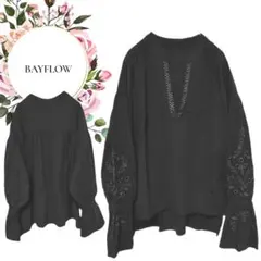 【ベイフロー】綿100%♡バルーン袖刺繍入長袖シャツブラウス♡Ｖネック【F】 黒のサムネイル