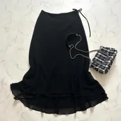 【コムサイズム】ラップ風 ティアードフリル ロングスカート 上品 シフォン 黒のサムネイル
