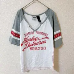 ハーレーダビッドソン Tシャツ XL グレー 白 七分袖 ロゴ 汚れ有 古着のサムネイル