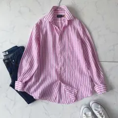 【美品】ポロラルフローレン リネン100% ストライプシャツ ピンク