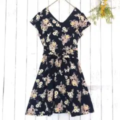 a781 セシルマクビー M ワンピース 紺色 花柄  総柄  裏地付 ミニ