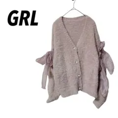 【グレイル】レースアップリボン　フェザーニットカーディガンＶネック　ピンク