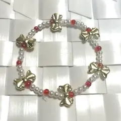 ハンドメイド ブレスレット アクセサリー ビーズブレスレット 白 赤 金 リボン
